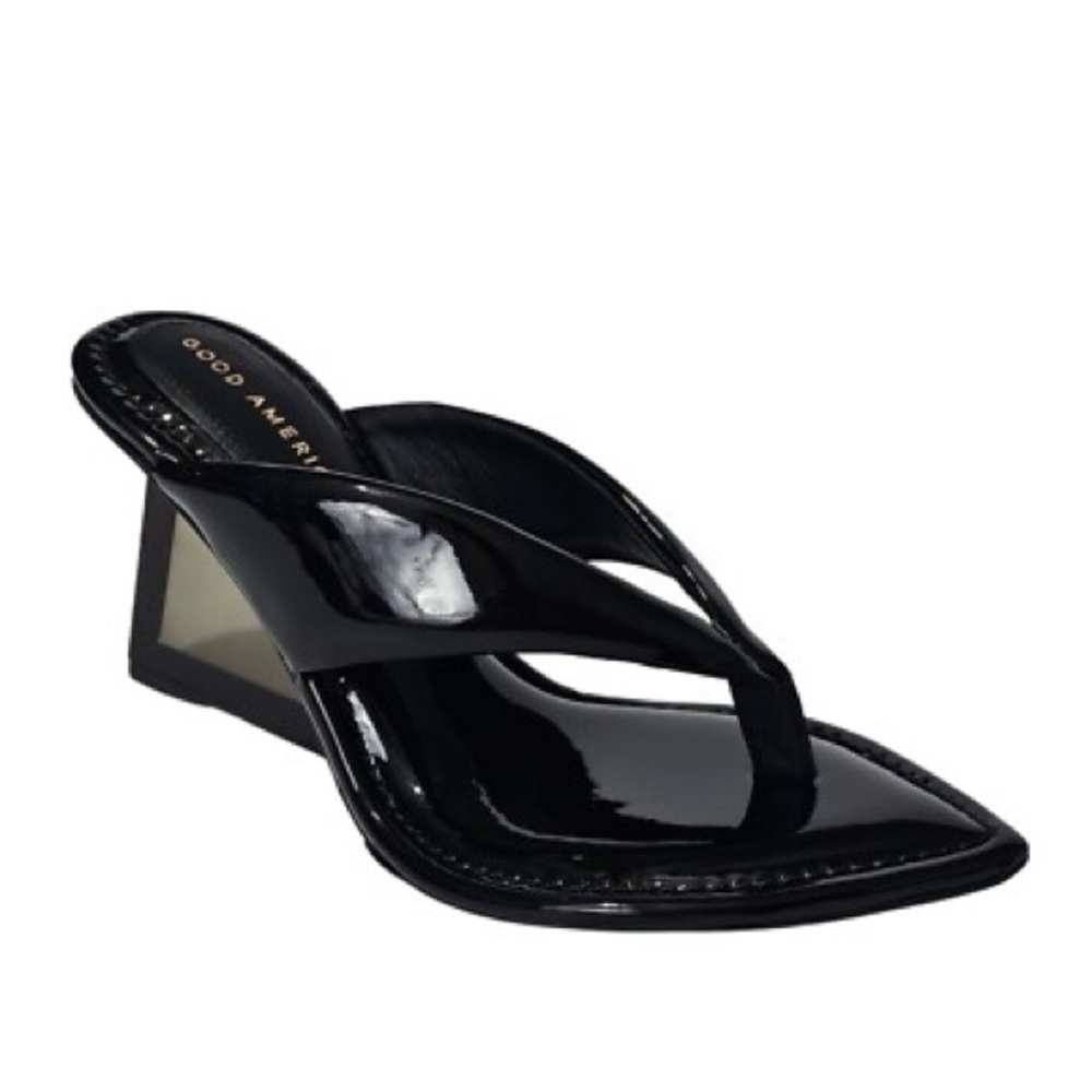 GOOD AMERICAN CINDER RELLA PATENT LEATHER THONG CLEAR WEDGE SANDALS NIB SZ 8 - Picture 3 of 14